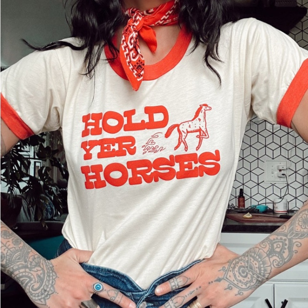 NWOT Camp Collection Cream and Red Ringer Graphic T-Shirt - Size (unisex XS)